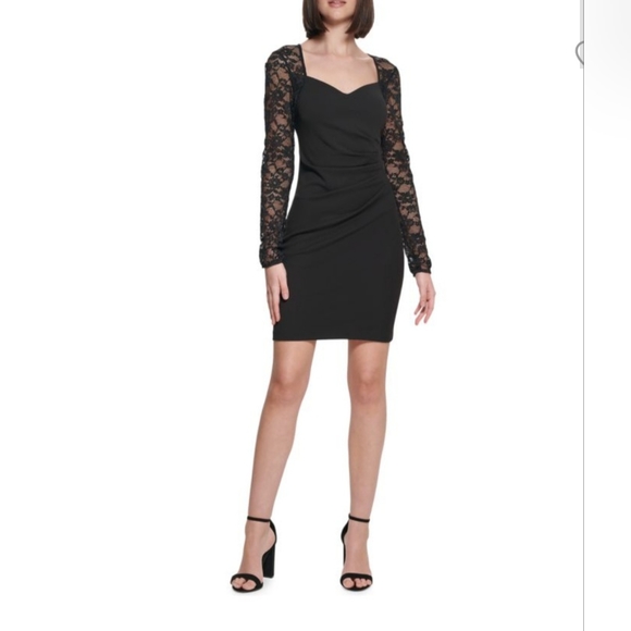 GUESS Lace-Sleeve Draped Sheath Dress - Picture 2 of 11